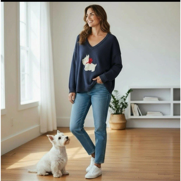 J Jill Sweater Navy Blue Scottie Dog V Neck Pullover Knit Size XL Holidays - Picture 1 of 7